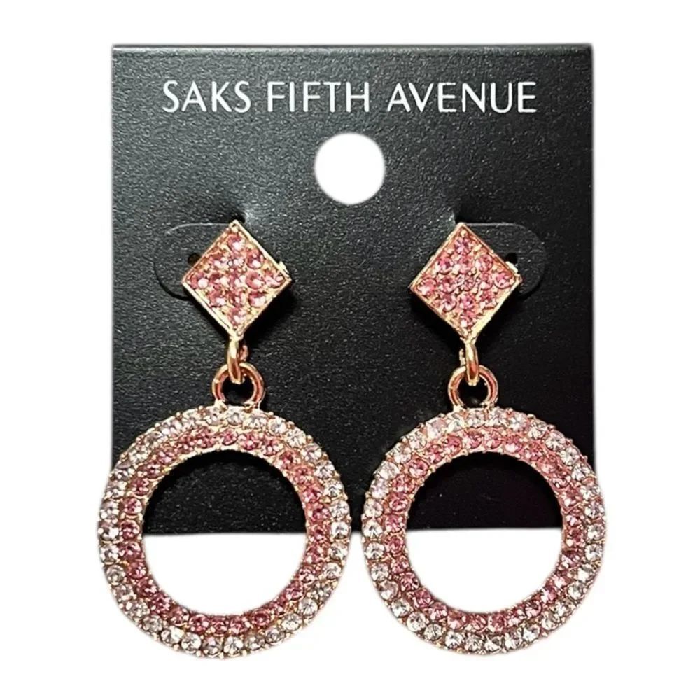 Saks Fifth Avenue Rose Pink Crystal Open Circle Drop Earrings